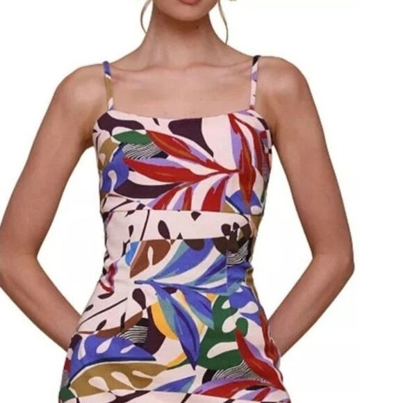Avec Les Filles Women's Beige Printed Square-Neck Bodycon Mini Dress Size 6 - Picture 1 of 12